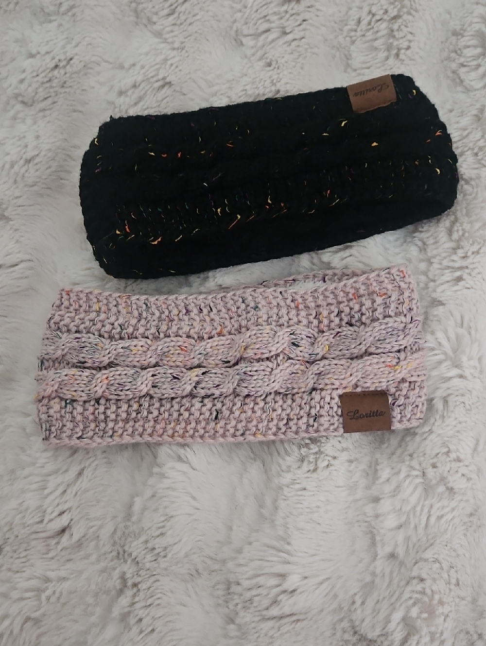 Cable Knit Ear Warmer Headbands - Black & Pinkish Tan